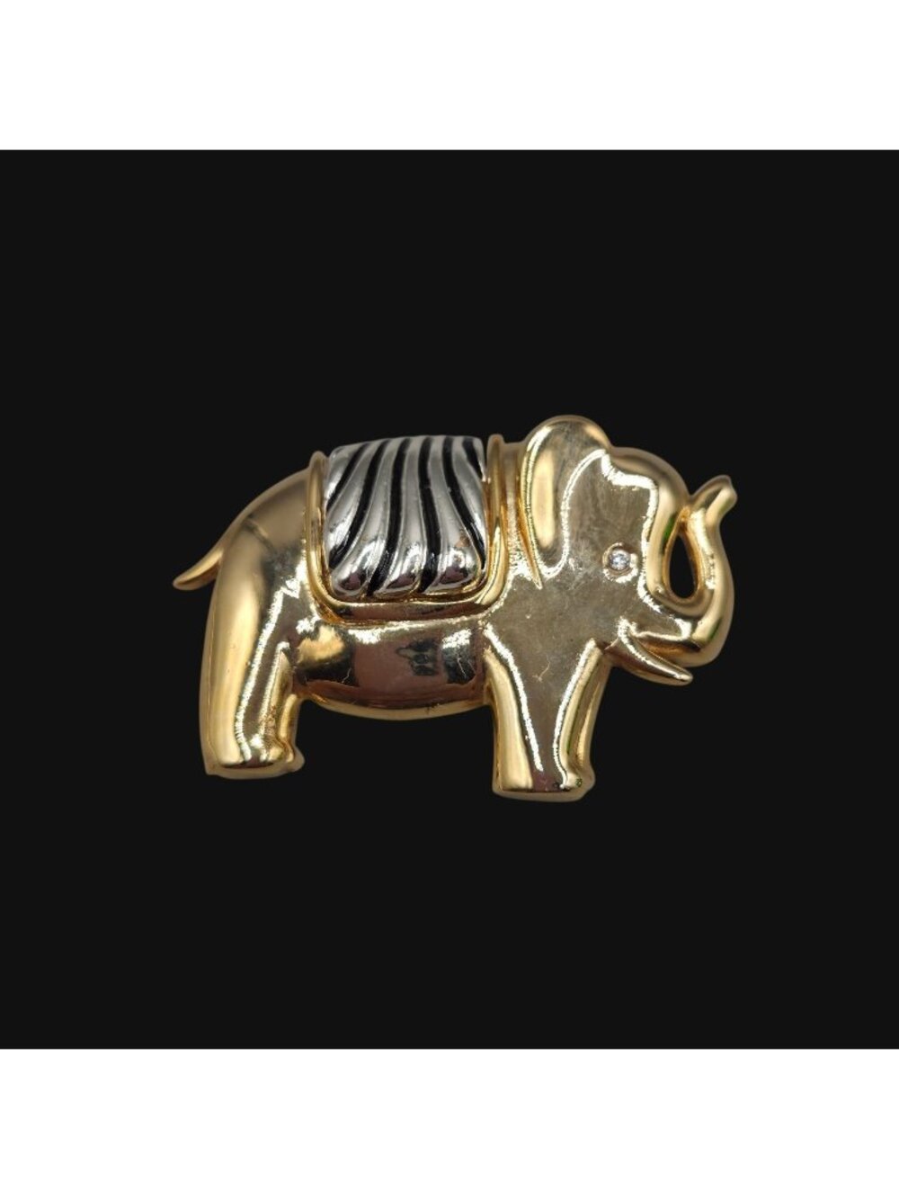 Vintage Gold Silver Tone Elephant Brooch Pin Rhinestone Eye Striped Saddle